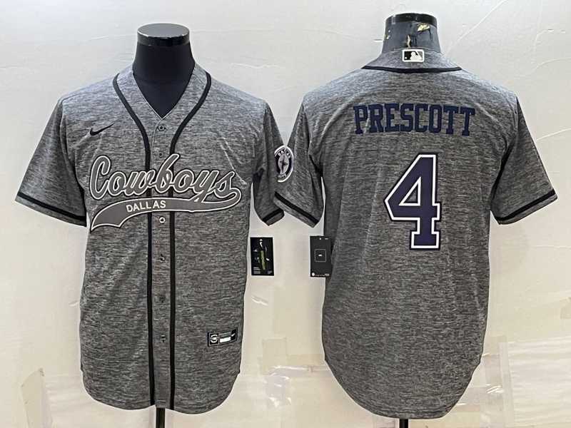 Mens Dallas Cowboys #4 Dak Prescott Grey Gridiron With Patch Cool Base Stitched Baseball Jersey